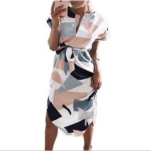 Geometric Pattern Belted Midi Dress, Size Small